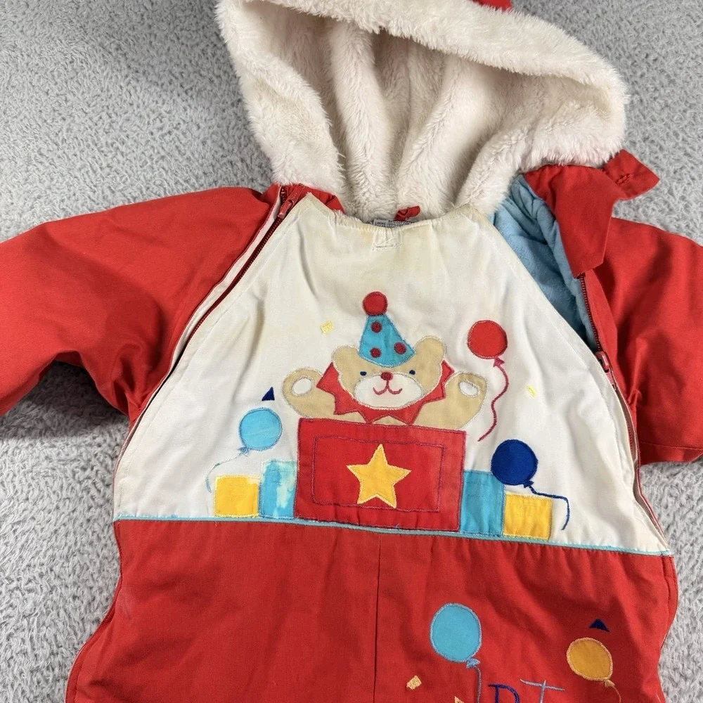 VINTAGE 80s Mighty Mac Baby Snow Suit 18 Months Red Teddy Bear Party Fur Lined
